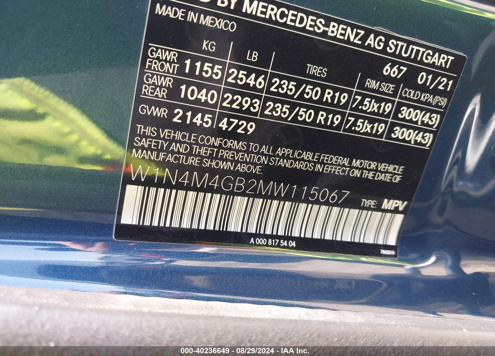 2021 MERCEDES-BENZ GLB 250 VIN: W1N4M4GB2MW115067