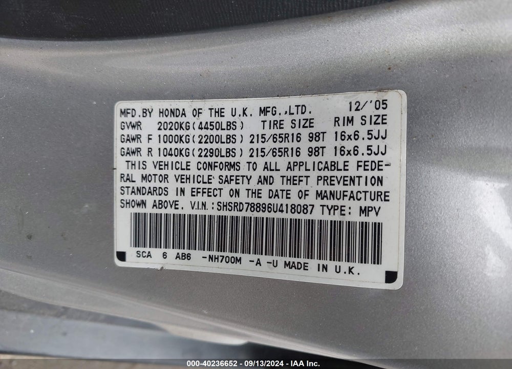 2006 HONDA CR-V EX VIN: SHSRD78896U418087