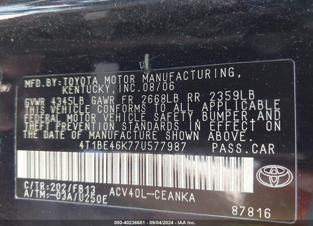 2007 TOYOTA CAMRY VIN: 4T1BE46K77U577987