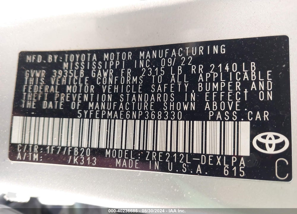 2022 TOYOTA COROLLA LE VIN: 5YFEPMAE6NP368330