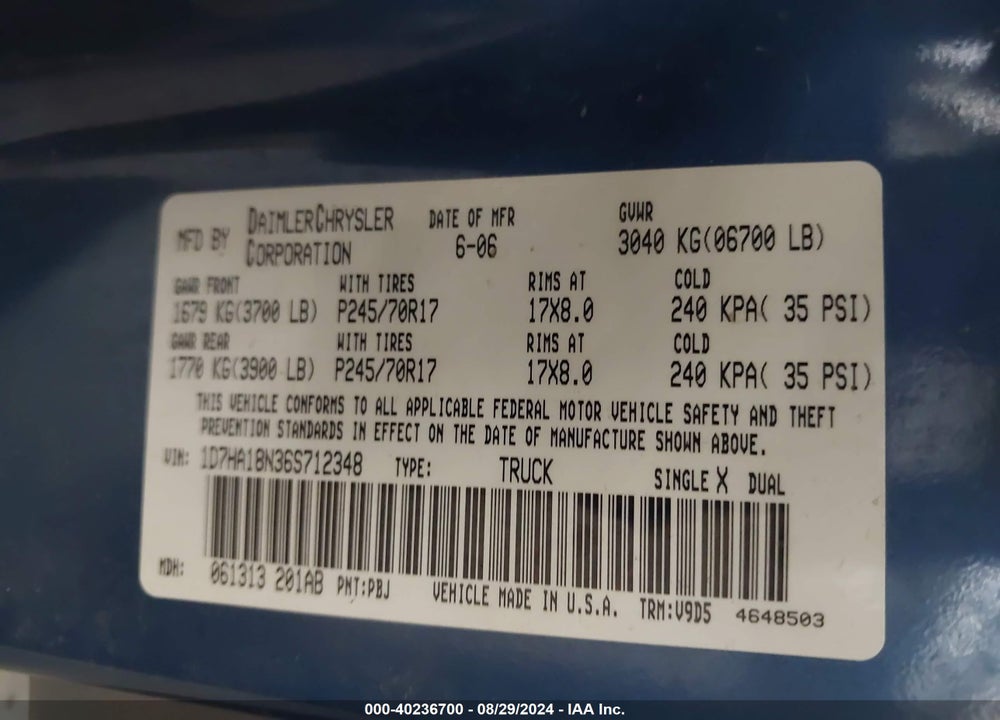 2006 DODGE RAM 1500 SLT VIN: 1D7HA18N36S712348