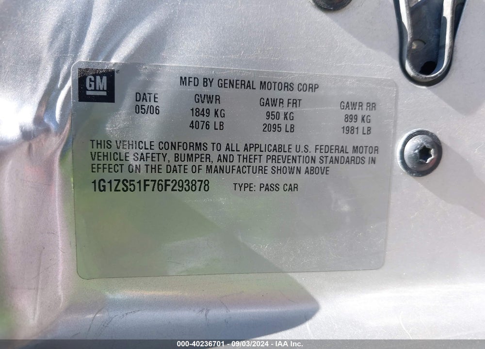 2006 CHEVROLET MALIBU LS VIN: 1G1ZS51F76F293878