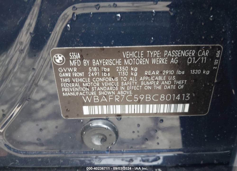 2011 BMW 535I VIN: WBAFR7C59BC801413