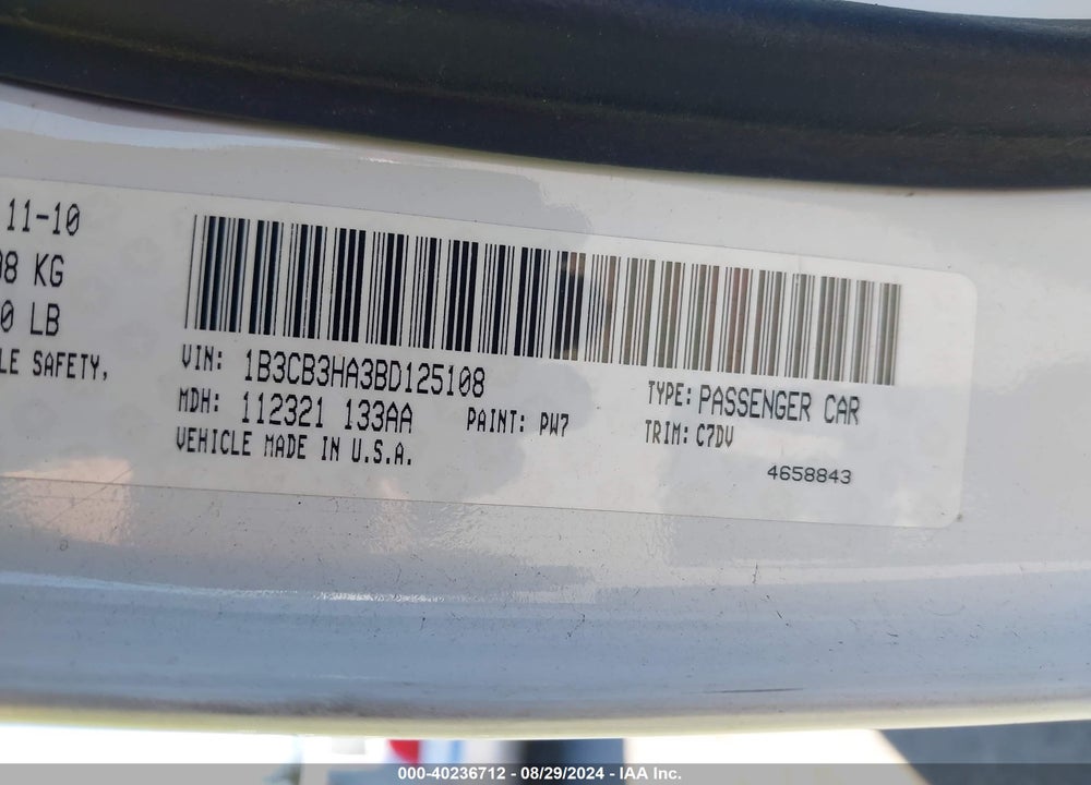 2011 DODGE CALIBER MAINSTREET VIN: 1B3CB3HA3BD125108