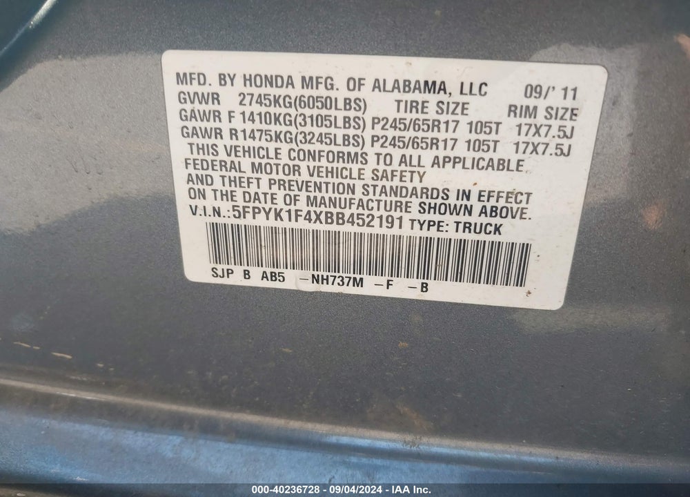 2011 HONDA RIDGELINE RTS VIN: 5FPYK1F4XBB452191