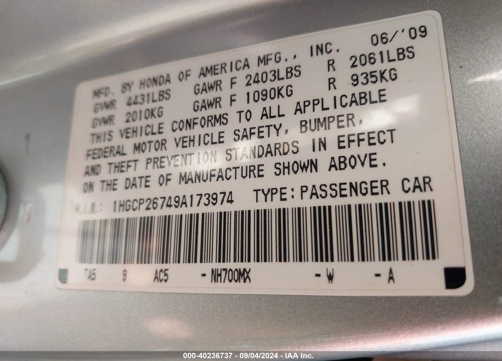2009 HONDA ACCORD 2.4 EX VIN: 1HGCP26749A173974