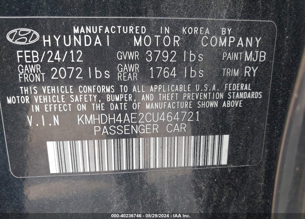 2012 HYUNDAI ELANTRA VIN: KMHDH4AE2CU464721