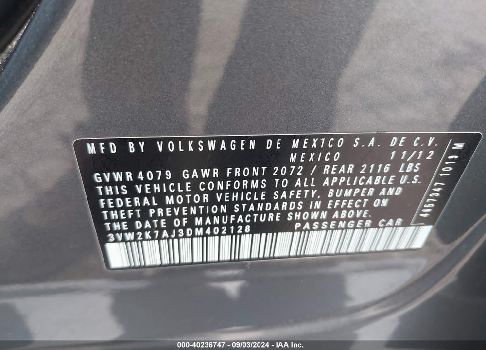 2013 VOLKSWAGEN JETTA VIN: 3VW2K7AJ3DM402128