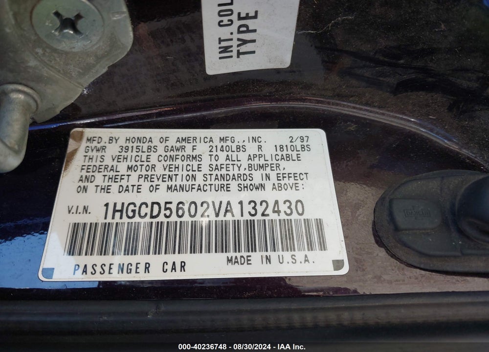 1997 HONDA ACCORD SE VIN: 1HGCD5602VA132430