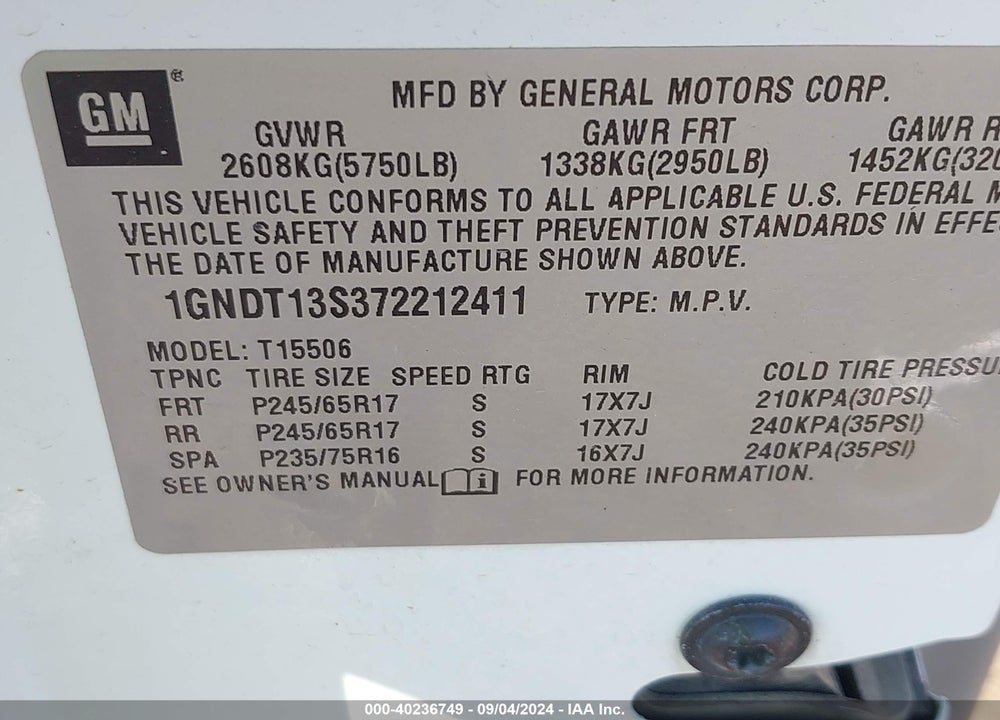 2007 CHEVROLET TRAILBLAZER LS VIN: 1GNDT13S372212411