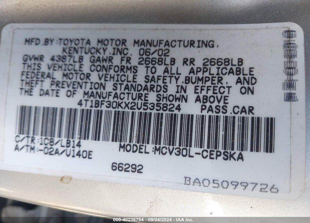 2002 TOYOTA CAMRY SE V6 VIN: 4T1BF30KX2U535824