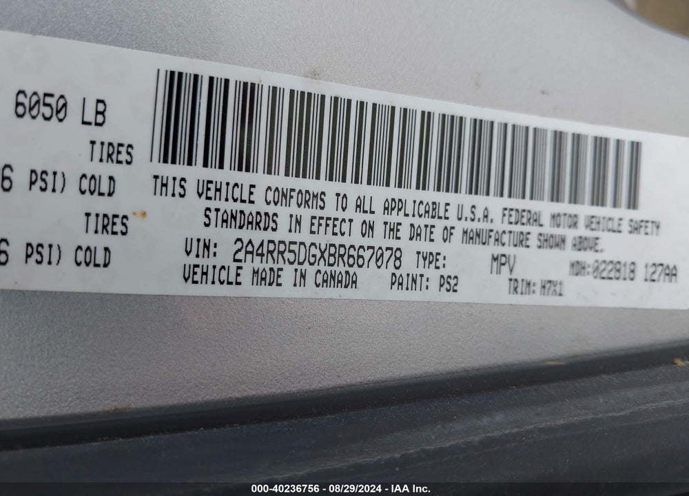 2011 CHRYSLER TOWN & COUNTRY TOURING VIN: 2A4RR5DGXBR667078