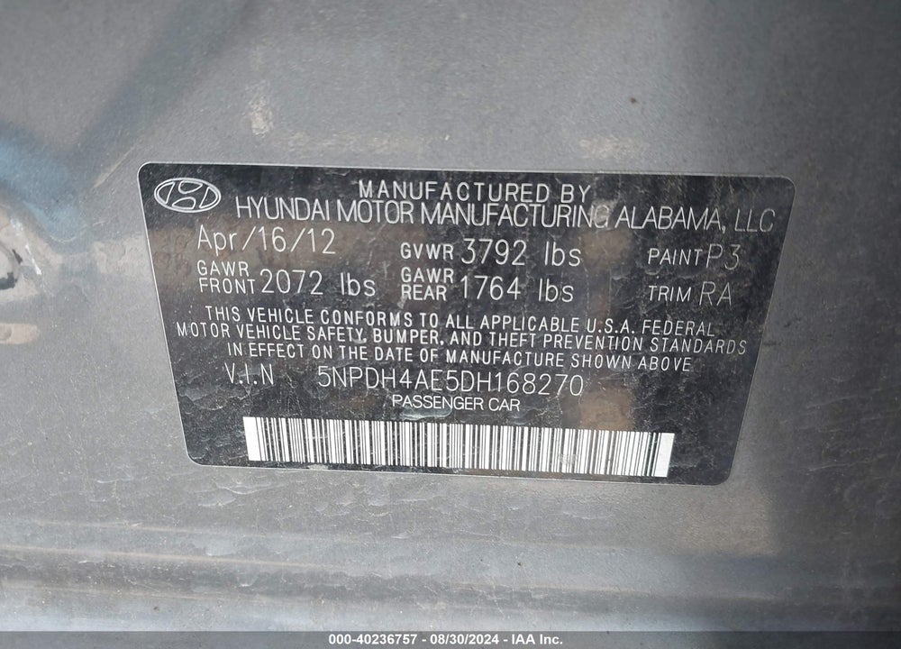 2013 HYUNDAI ELANTRA GLS/LIMITED VIN: 5NPDH4AE5DH168270