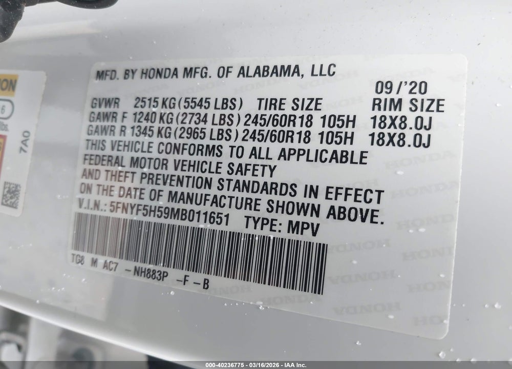 2021 HONDA PILOT 2WD EX-L VIN: 5FNYF5H59MB011651