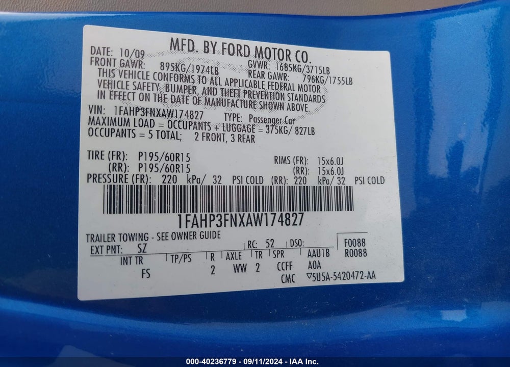 2010 FORD FOCUS SE VIN: 1FAHP3FNXAW174827