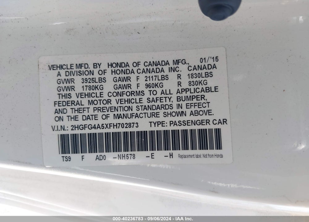 2015 HONDA CIVIC SI VIN: 2HGFG4A5XFH702873