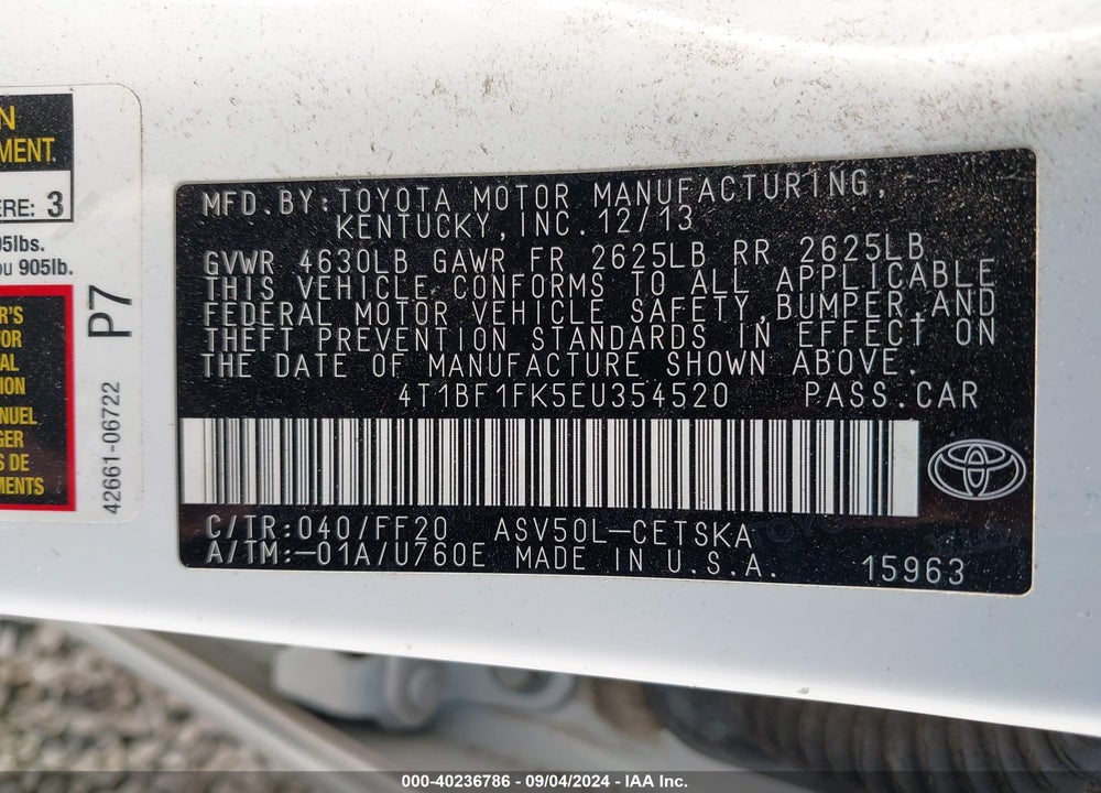 2014 TOYOTA CAMRY SE VIN: 4T1BF1FK5EU354520