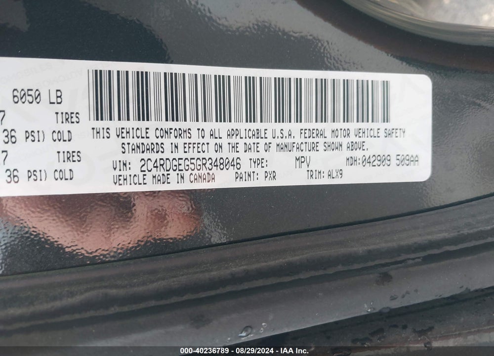 2016 DODGE GRAND CARAVAN VIN: 2C4RDGEG5GR348046