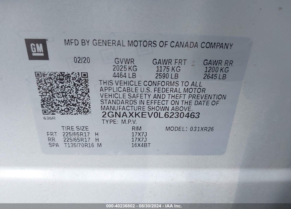 2020 CHEVROLET EQUINOX FWD LT 1.5L TURBO VIN: 2GNAXKEV0L6230463