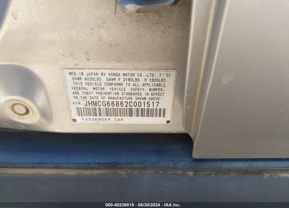 2002 HONDA ACCORD 2.3 EX/2.3 SE VIN: JHMCG66862C001517