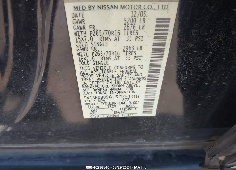 2006 NISSAN XTERRA S VIN: 5N1AN08U56C519108