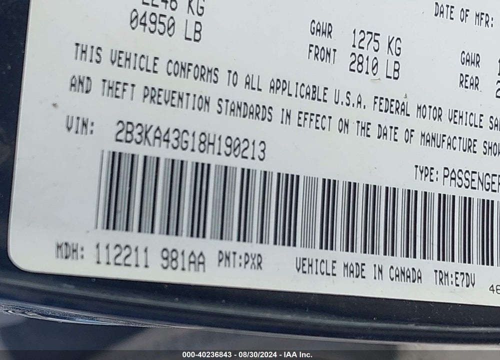 2008 DODGE CHARGER VIN: 2B3KA43G18H190213