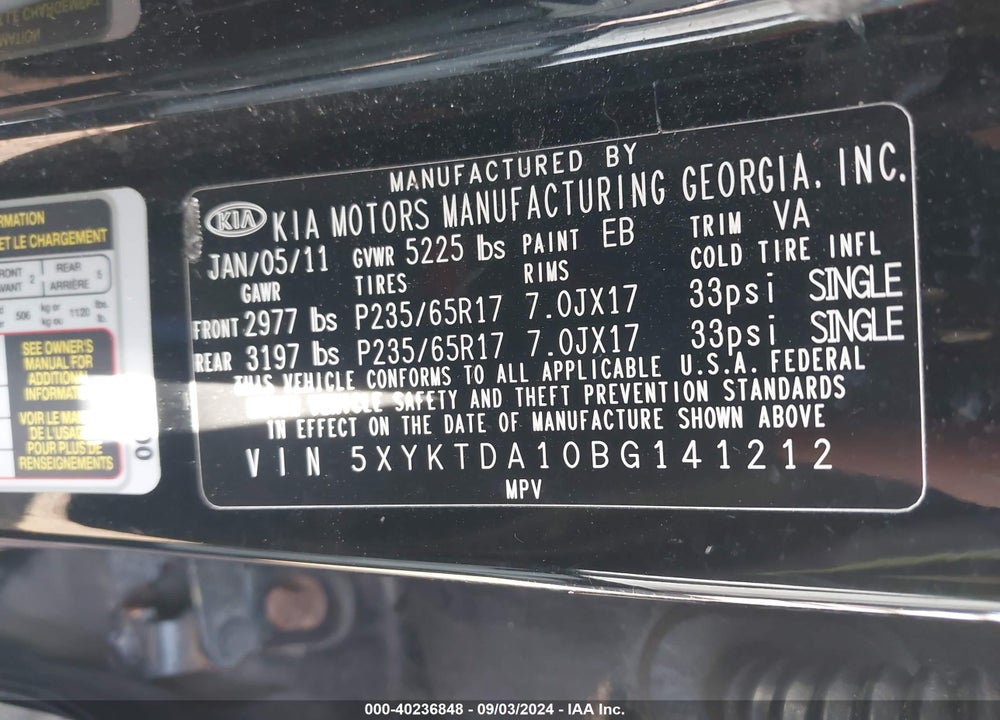 2011 KIA SORENTO LX VIN: 5XYKTDA10BG141212