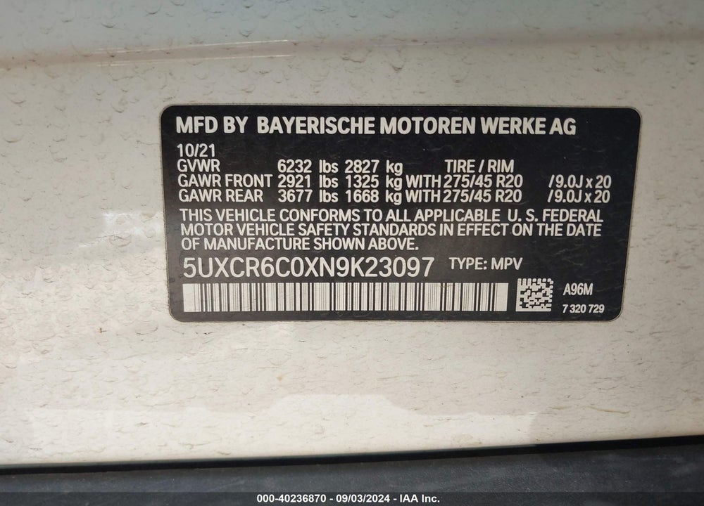 2022 BMW X5 XDRIVE40I VIN: 5UXCR6C0XN9K23097