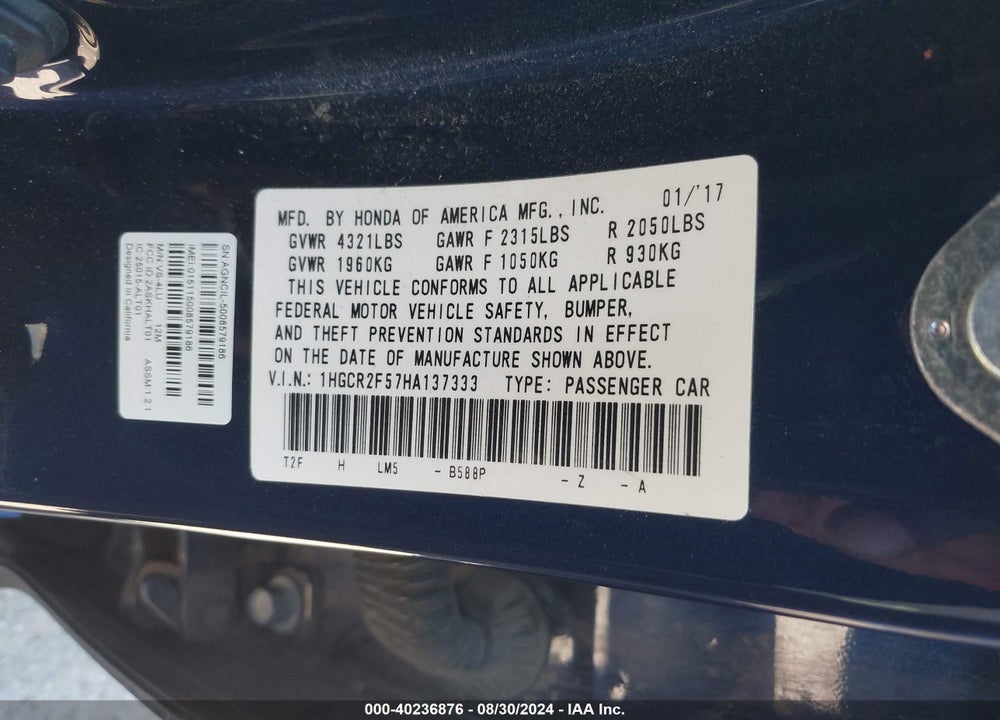 2017 HONDA ACCORD SPORT VIN: 1HGCR2F57HA137333