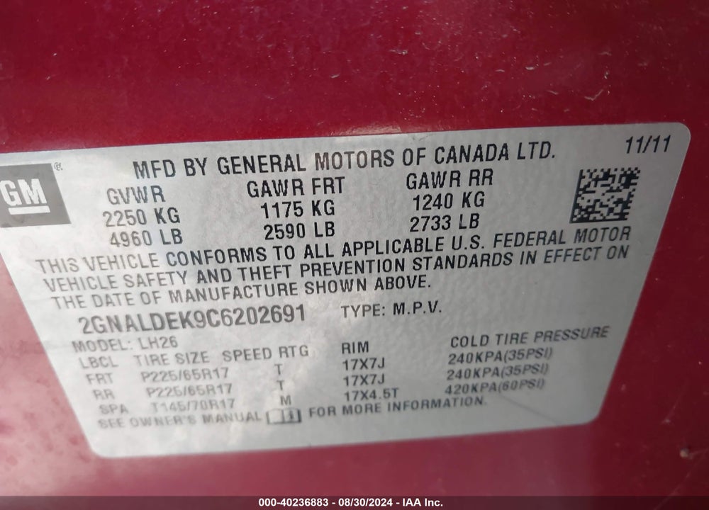 2012 CHEVROLET EQUINOX 1LT VIN: 2GNALDEK9C6202691
