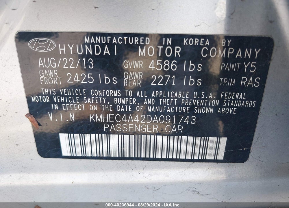 2013 HYUNDAI SONATA HYBRID LIMITED VIN: KMHEC4A42DA091743
