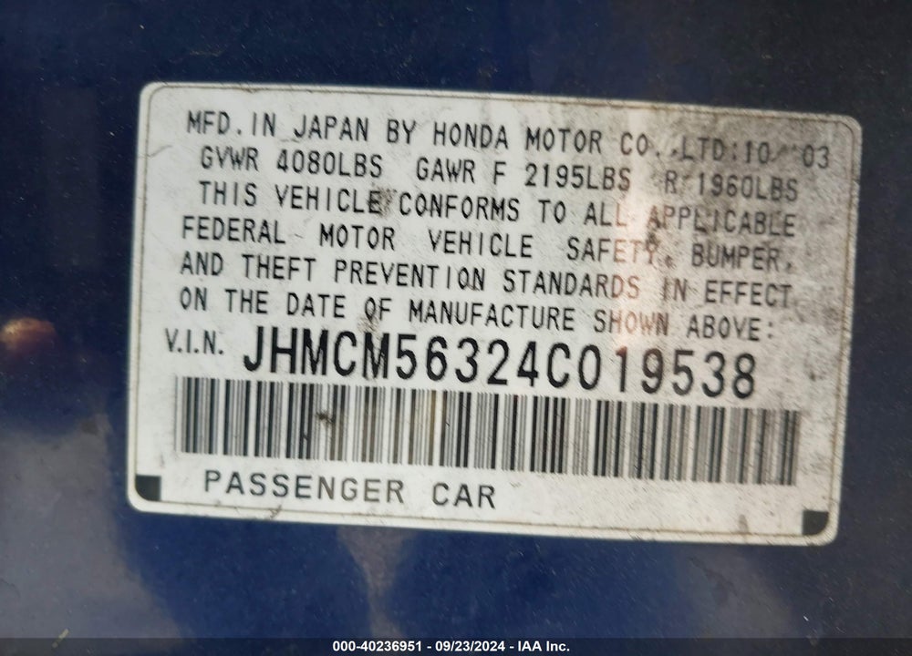 2004 HONDA ACCORD 2.4 LX VIN: JHMCM56324C019538