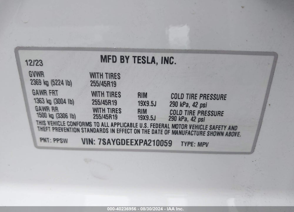 2023 TESLA MODEL Y AWD/LONG RANGE DUAL MOTOR ALL-WHEEL DRIVE VIN: 7SAYGDEEXPA210059