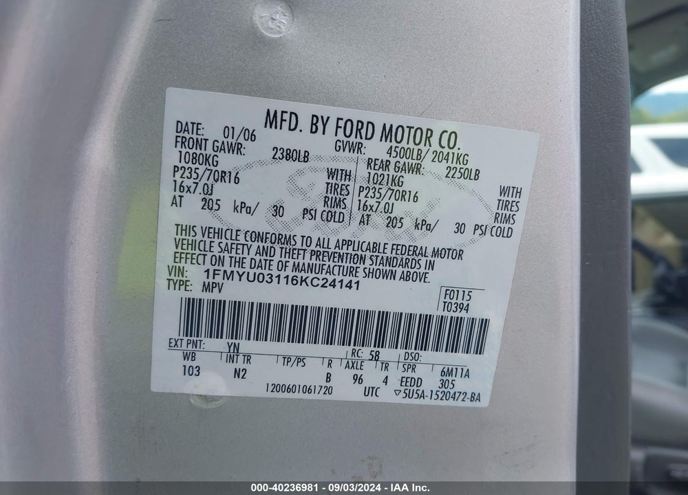 2006 FORD ESCAPE XLT/XLT SPORT VIN: 1FMYU03116KC24141