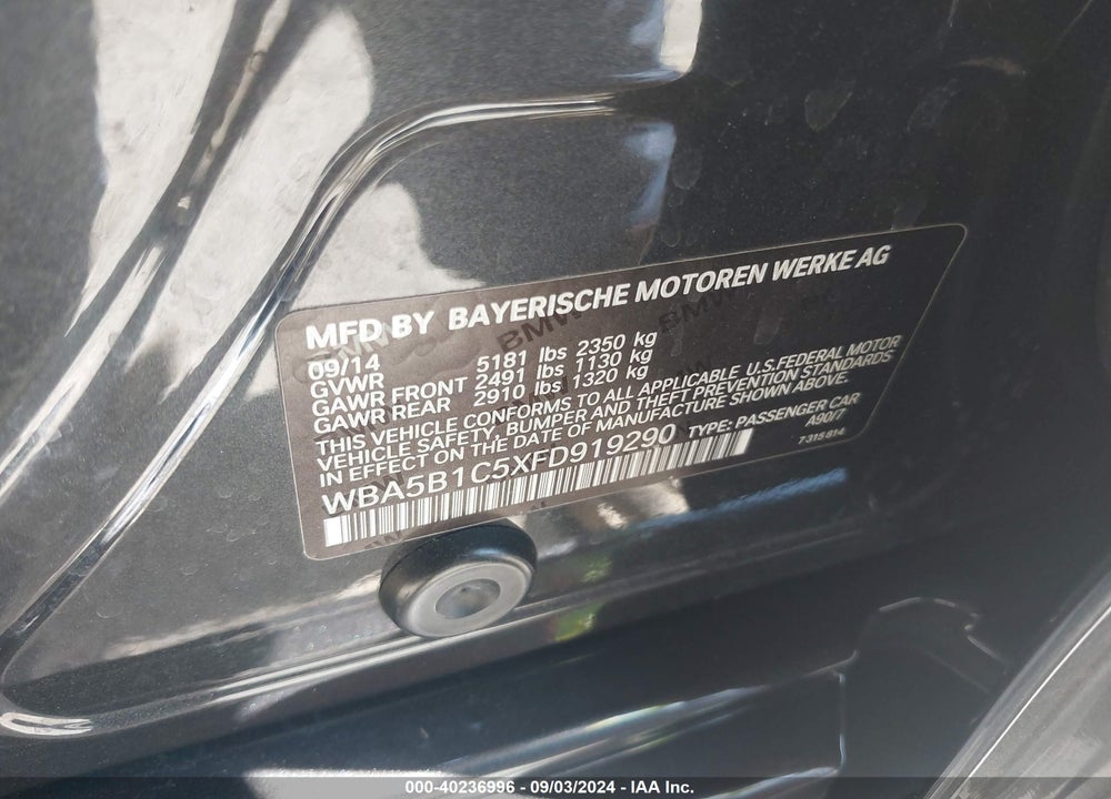 2015 BMW 535I VIN: WBA5B1C5XFD919290