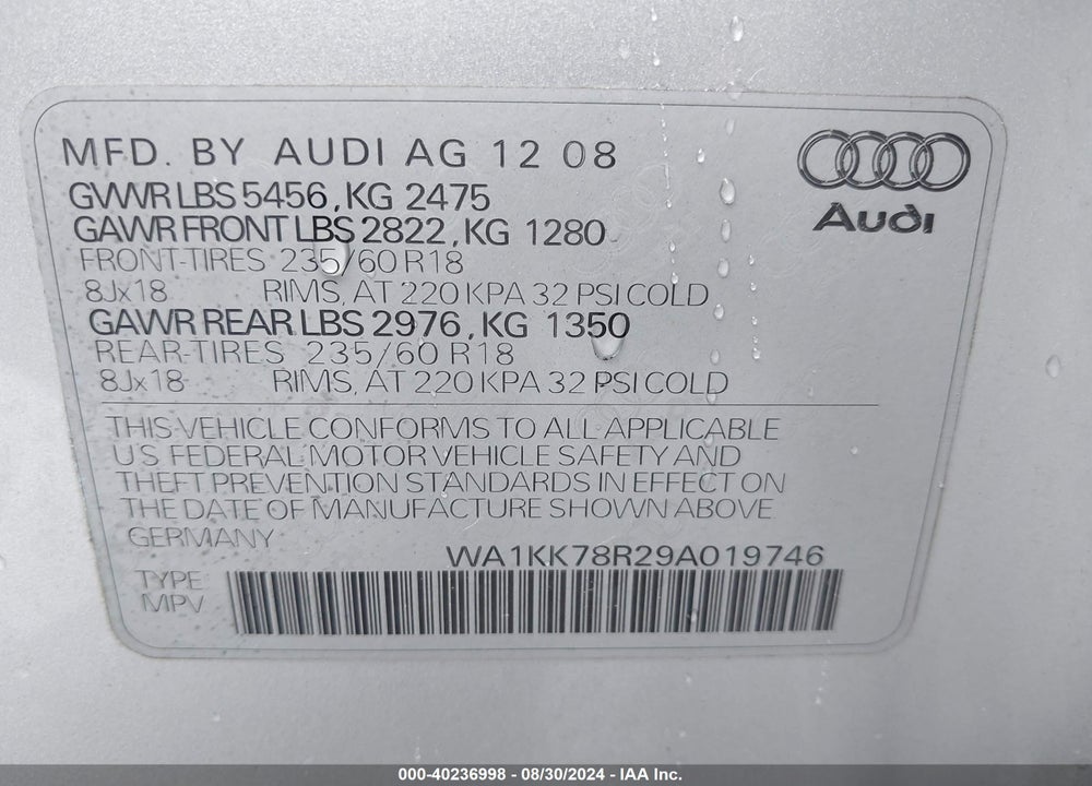 2009 AUDI Q5 3.2 PREMIUM VIN: WA1KK78R29A019746