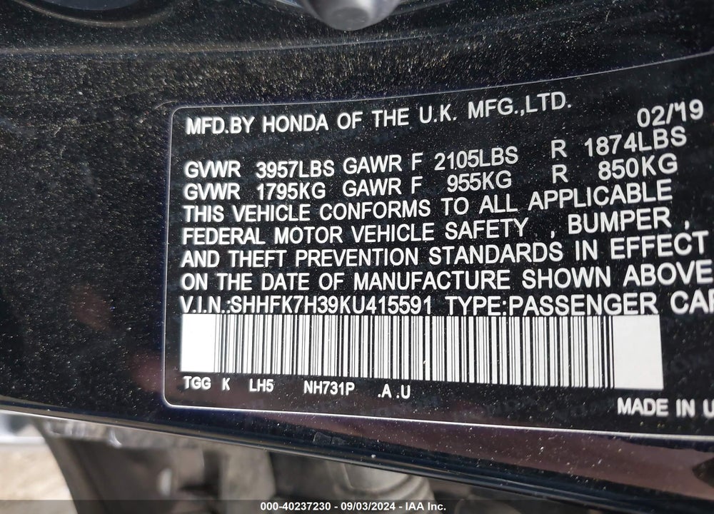 2019 HONDA CIVIC LX VIN: SHHFK7H39KU415591