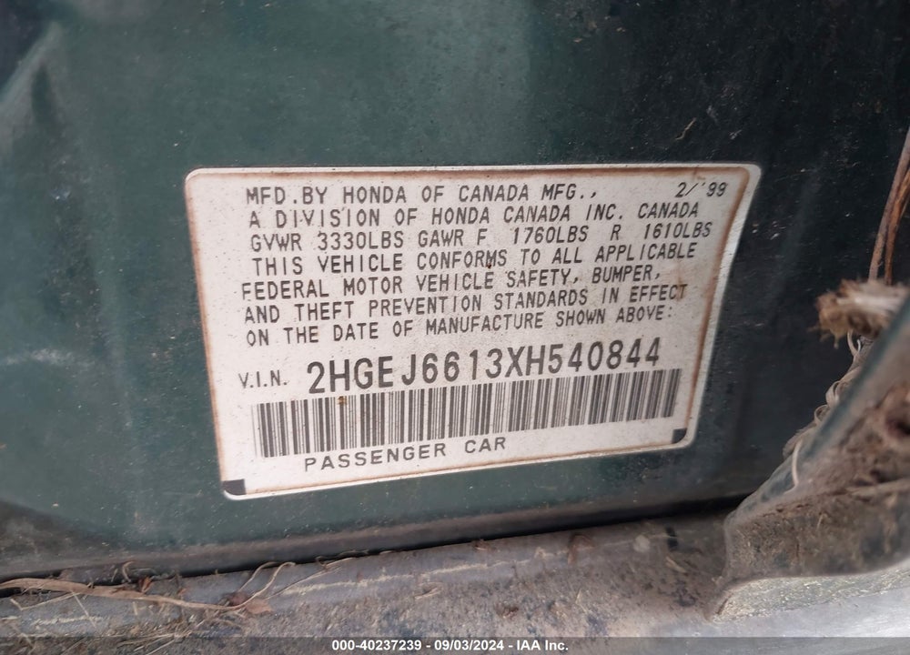 1999 HONDA CIVIC VIN: 2HGEJ6613XH540844
