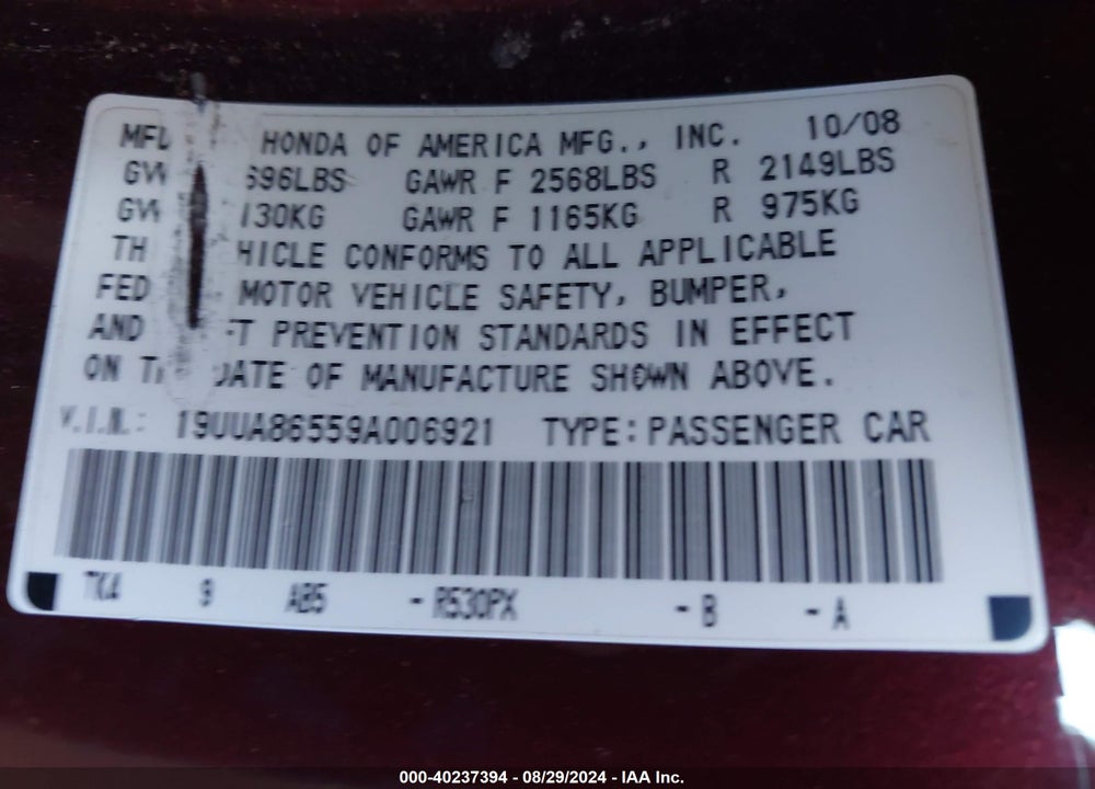 2009 ACURA TL 3.5 VIN: 19UUA86559A006921