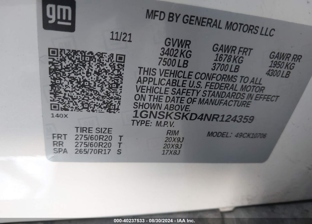 2022 CHEVROLET TAHOE 4WD PREMIER VIN: 1GNSKSKD4NR124359