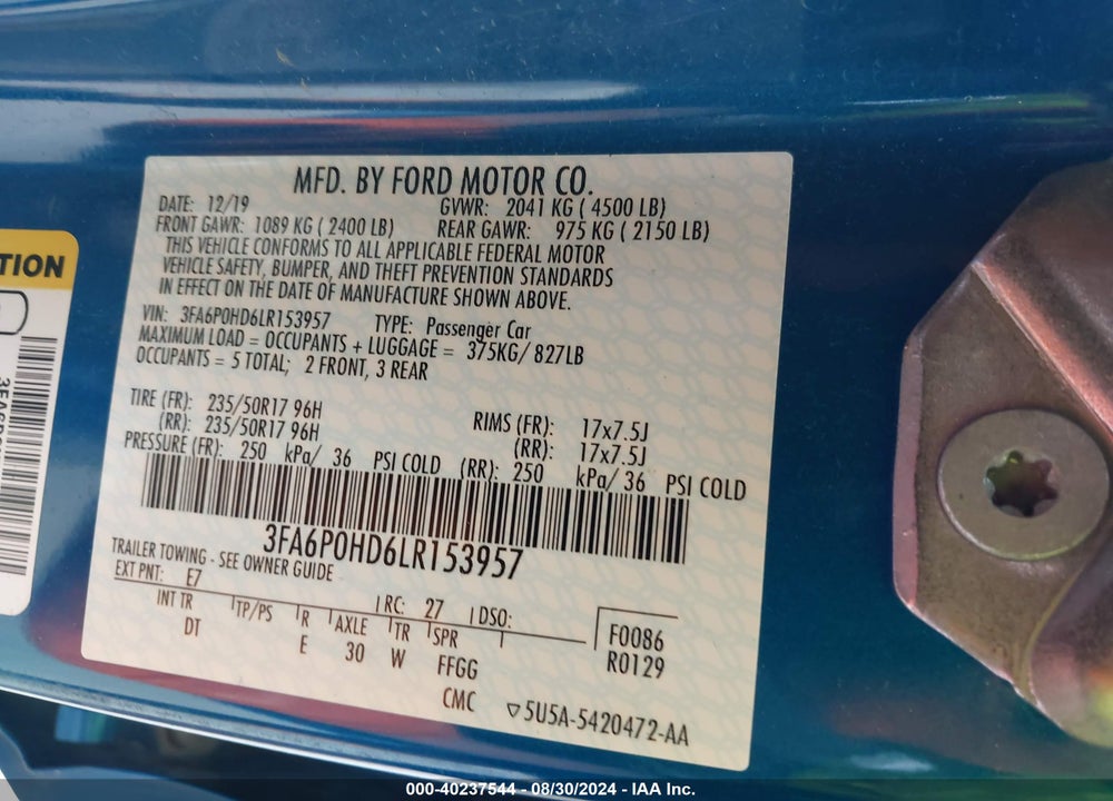 2020 FORD FUSION SE VIN: 3FA6P0HD6LR153957
