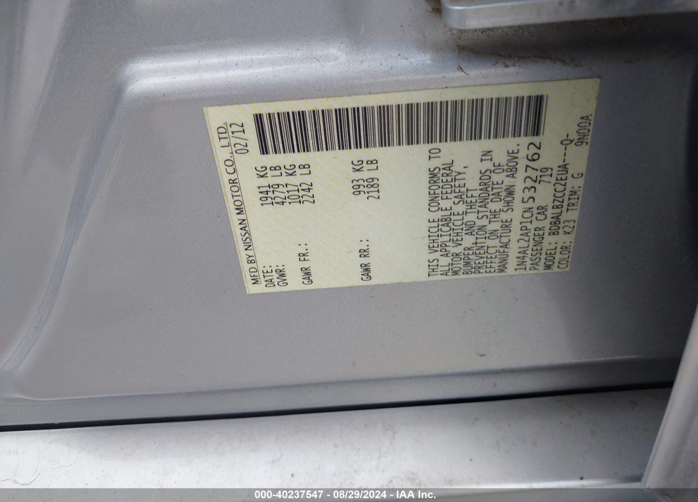 2012 NISSAN ALTIMA 2.5 S VIN: 1N4AL2AP1CN532762