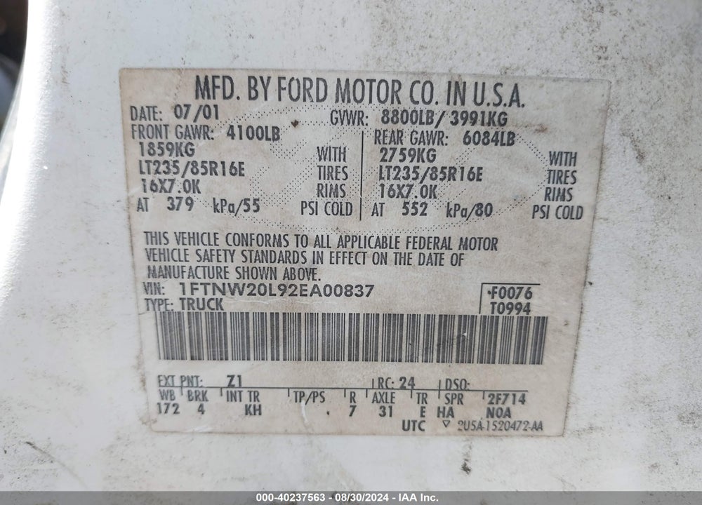 2002 FORD F-250 LARIAT/XL/XLT VIN: 1FTNW20L92EA00837