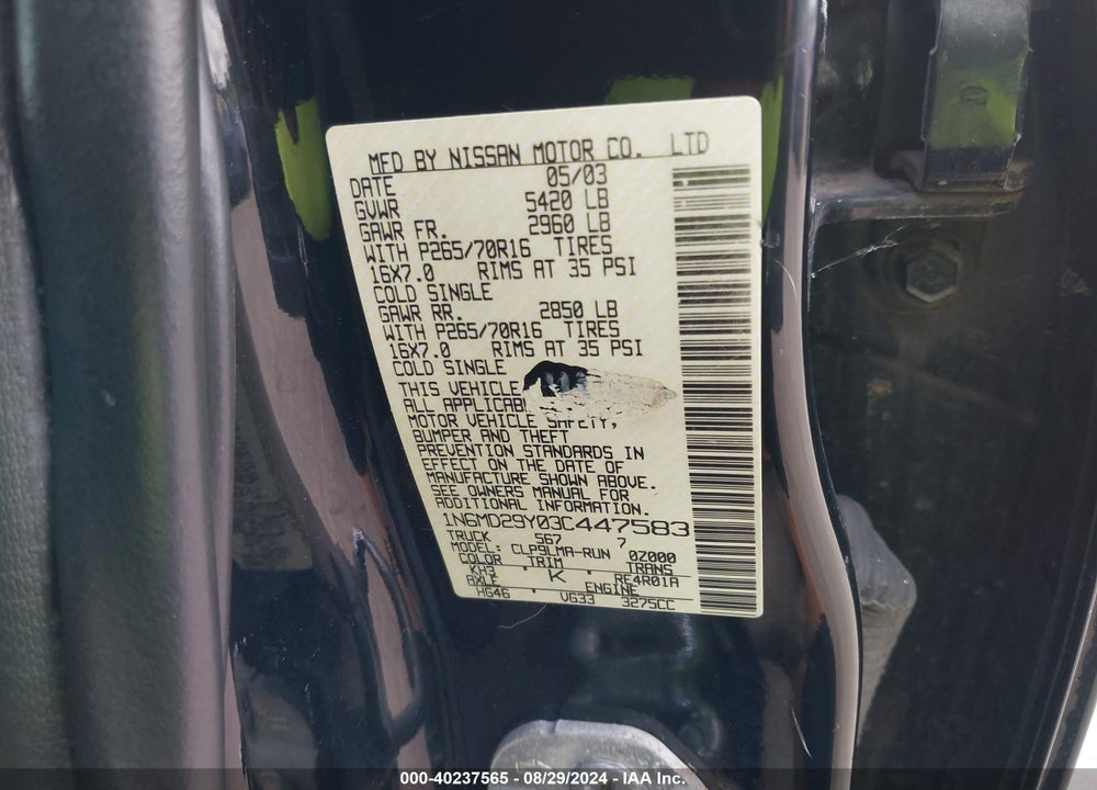 2003 NISSAN FRONTIER SVE-V6 VIN: 1N6MD29Y03C447583