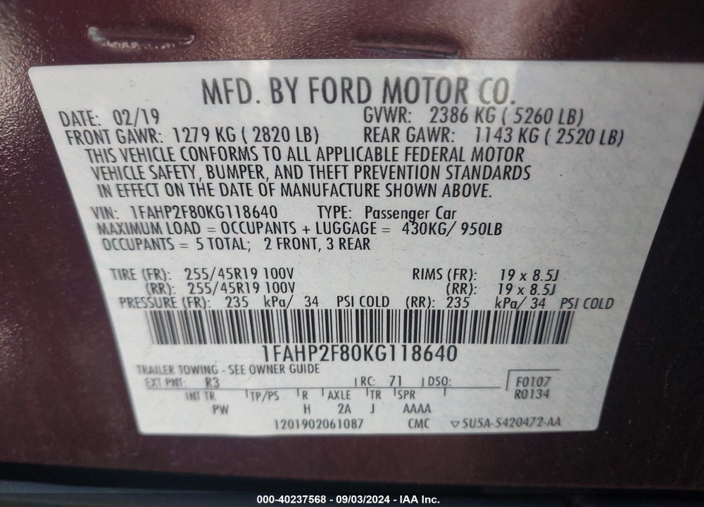 2019 FORD TAURUS LIMITED VIN: 1FAHP2F80KG118640