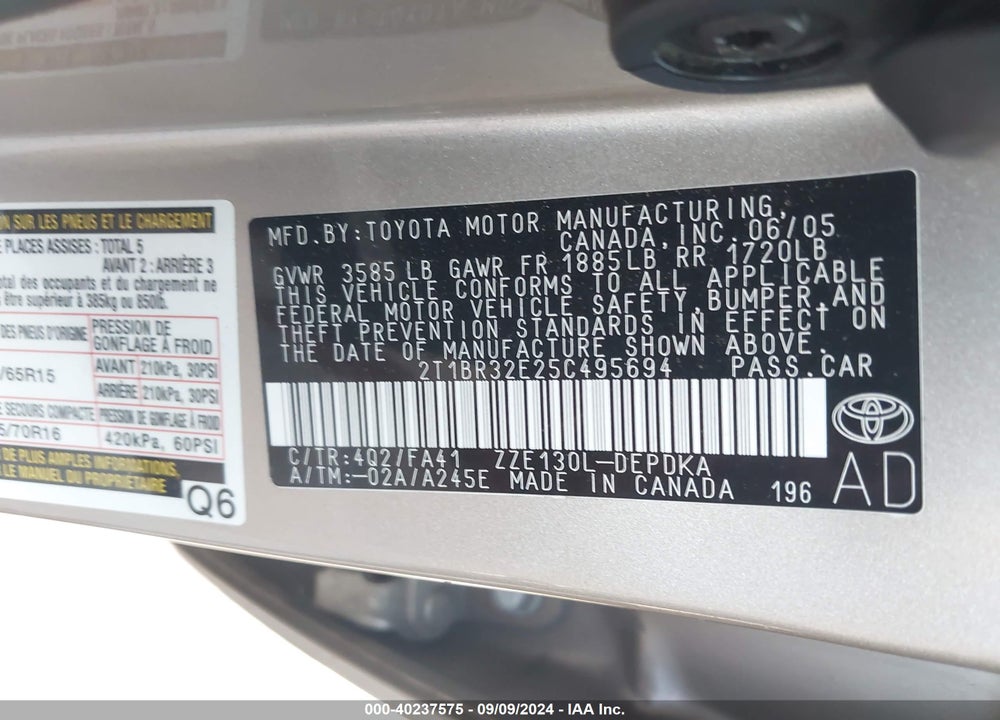 2005 TOYOTA COROLLA CE VIN: 2T1BR32E25C495694