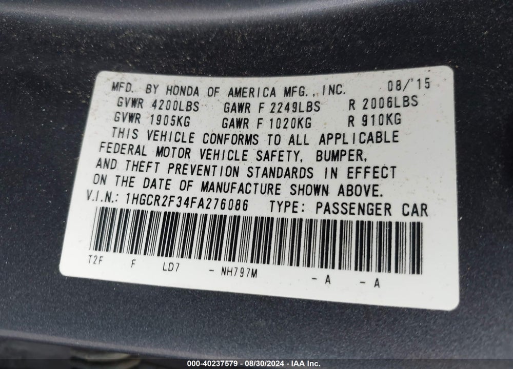 2015 HONDA ACCORD LX VIN: 1HGCR2F34FA276086