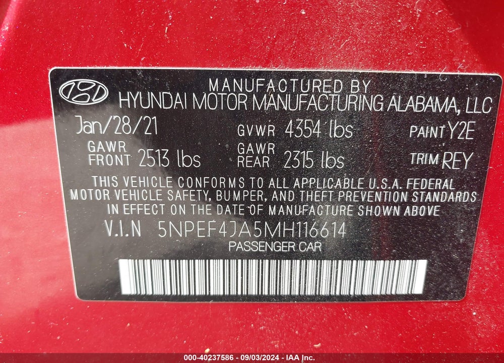 2021 HYUNDAI SONATA SEL VIN: 5NPEF4JA5MH116614