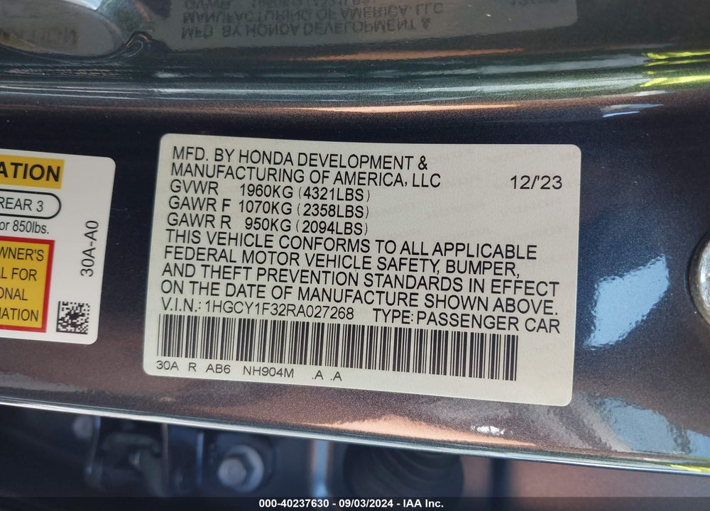 2024 HONDA ACCORD EX VIN: 1HGCY1F32RA027268