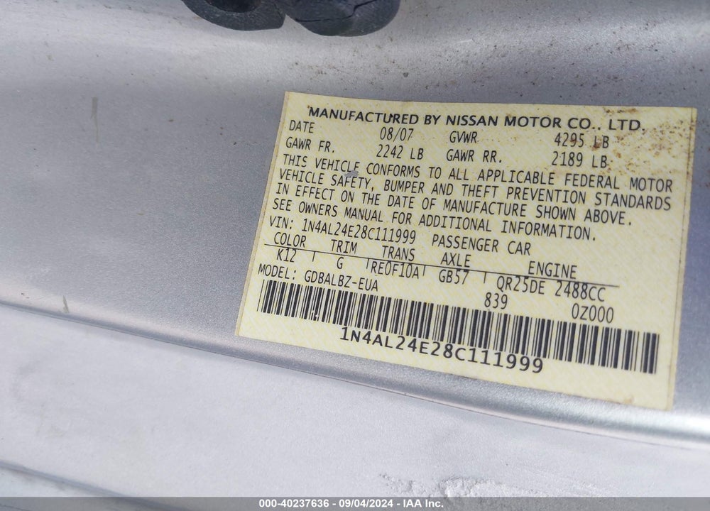 2008 NISSAN ALTIMA 2.5 S VIN: 1N4AL24E28C111999